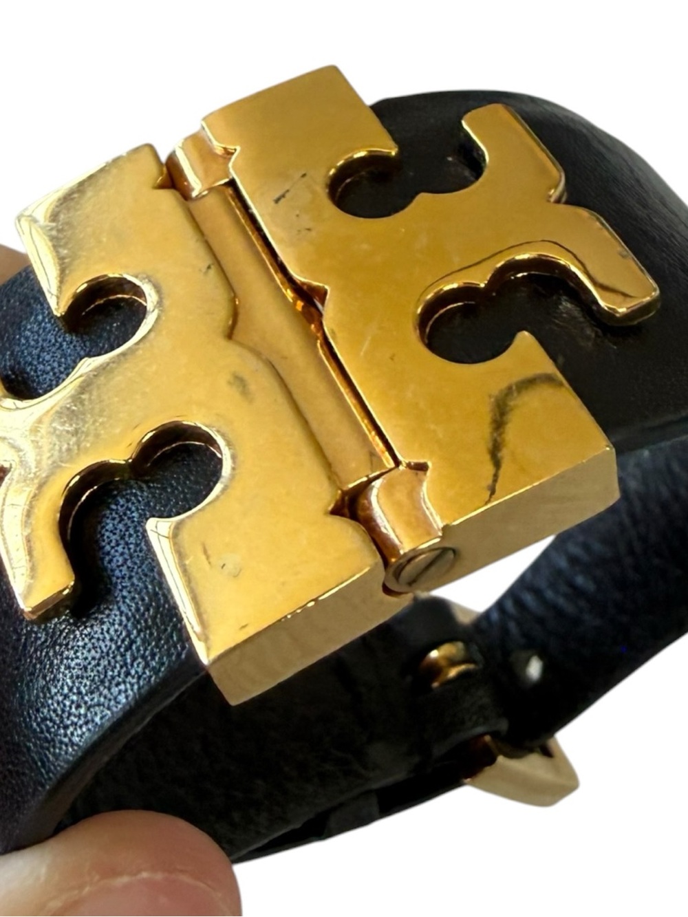 Tory Burch Black Leather Bracelet with Gold Logo Buckle - Picture 2 of 4